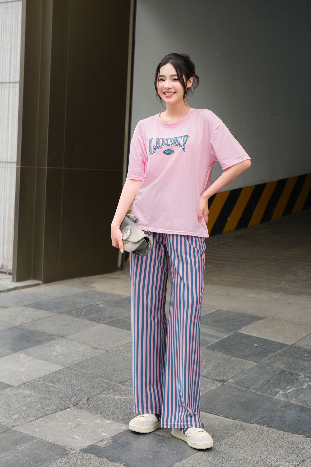 Set cotton tay chờm quần suông kẻ