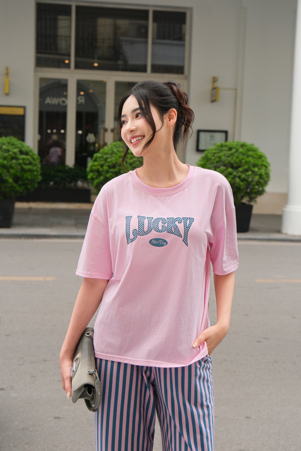 Set cotton tay chờm quần suông kẻ