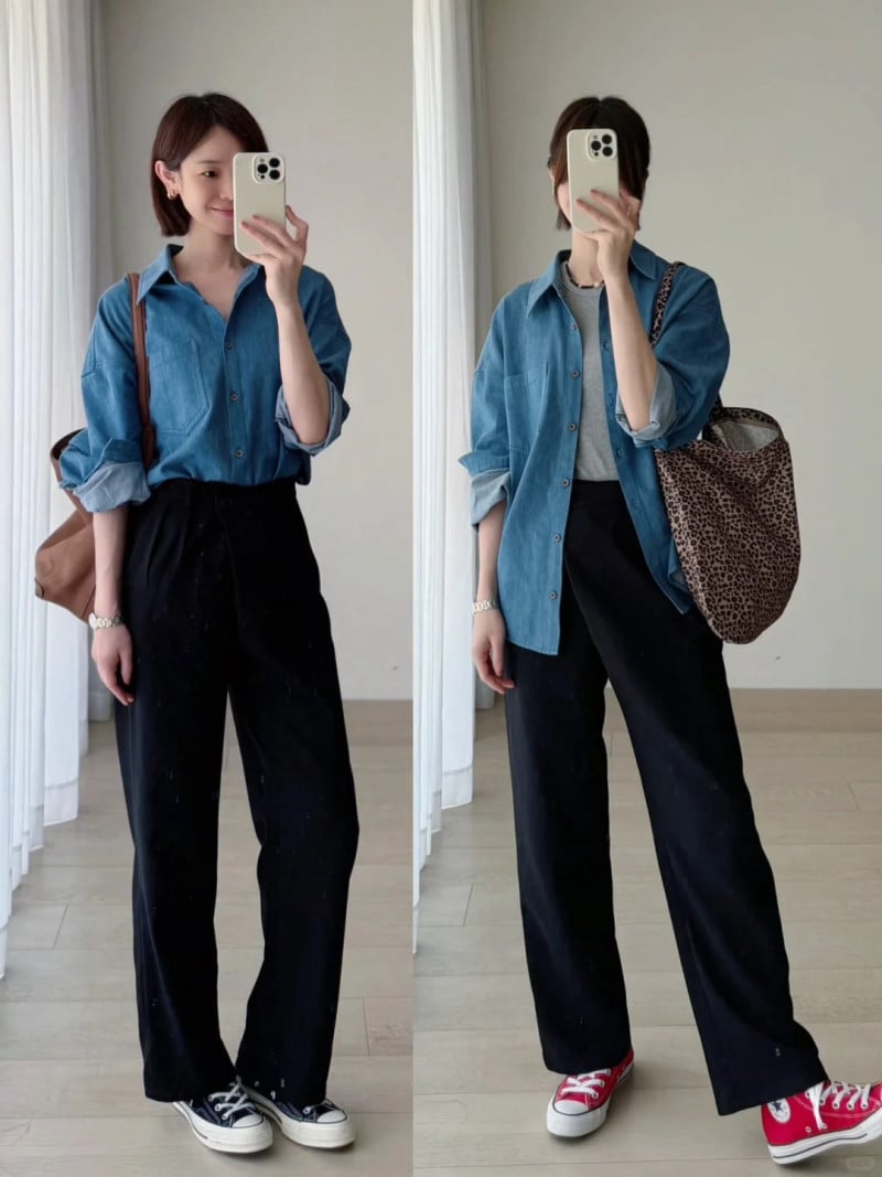cách phối đồ với áo sơ mi jean nữ