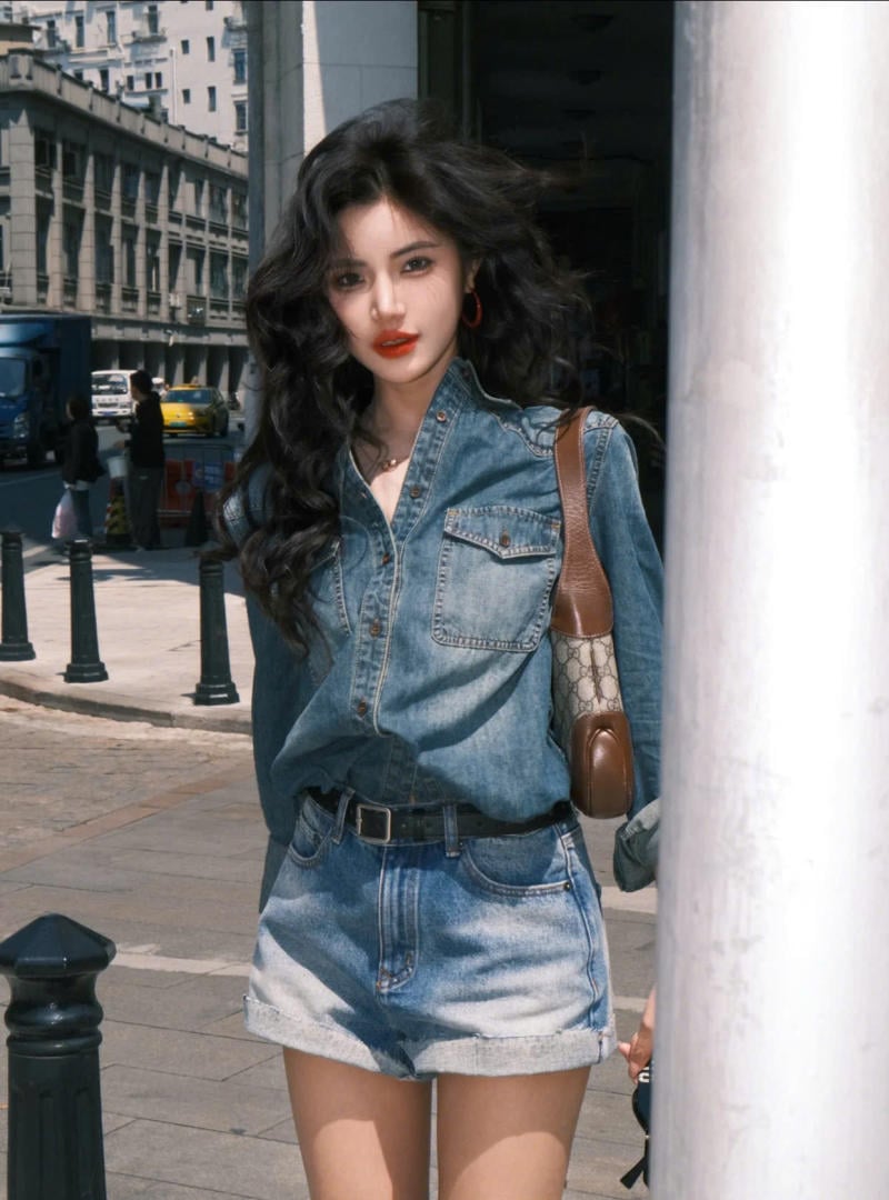 Áo sơ mi denim + quần short denim + túi xách đeo vai