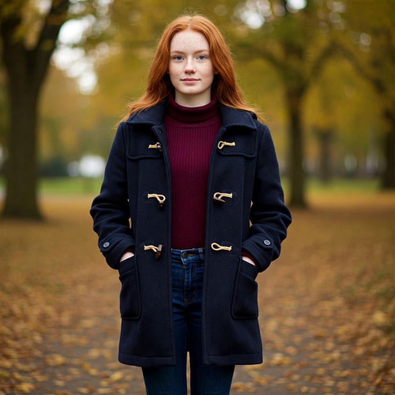 Phối Duffle coat cùng quần jeans và áo len cổ lọ