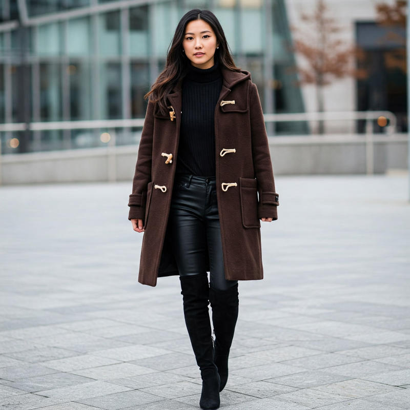 Phá cách cùng Duffle coat và quần da/leggings