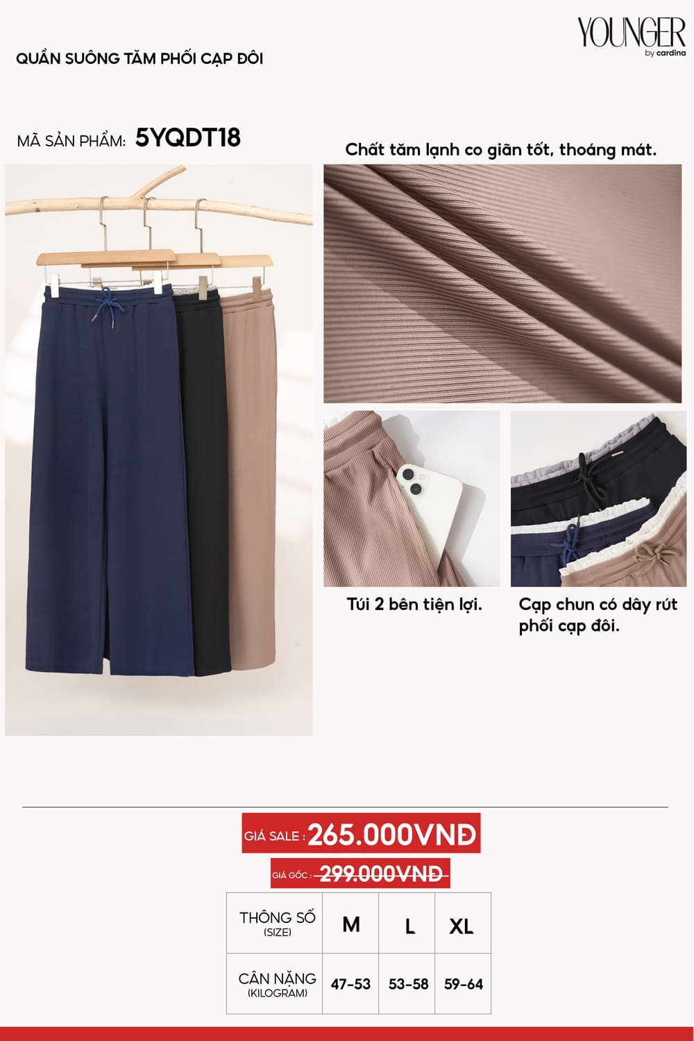 Quần suông tăm phối cạp đôi