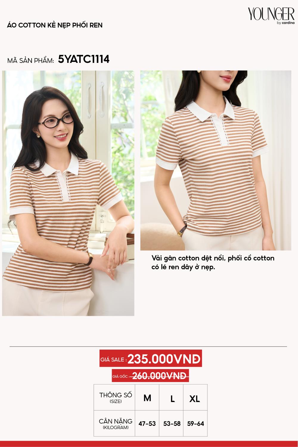 Áo cotton kẻ nẹp phối ren