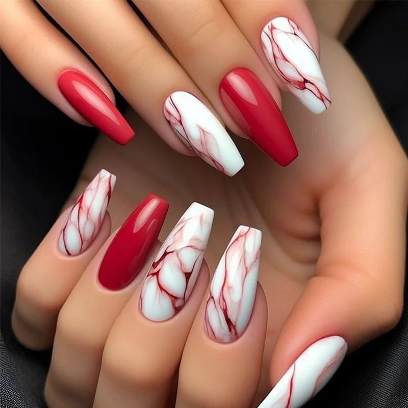 mẫu nail đỏ trắng