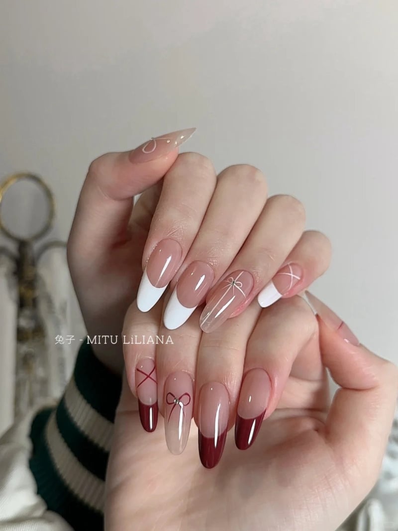 mẫu nail đỏ trắng