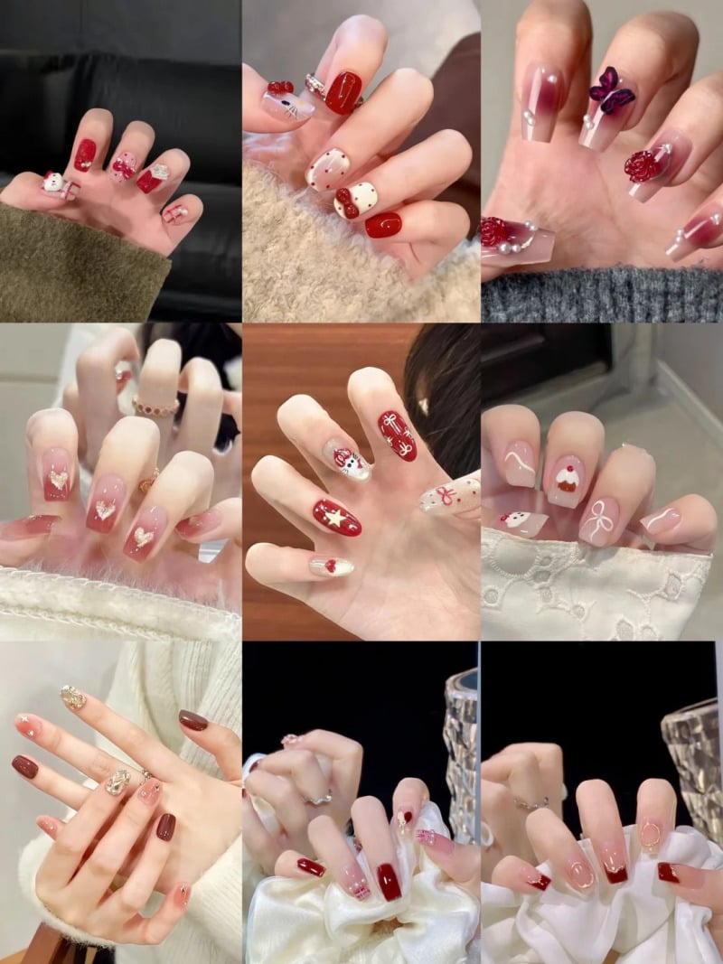 mẫu nail đỏ trắng
