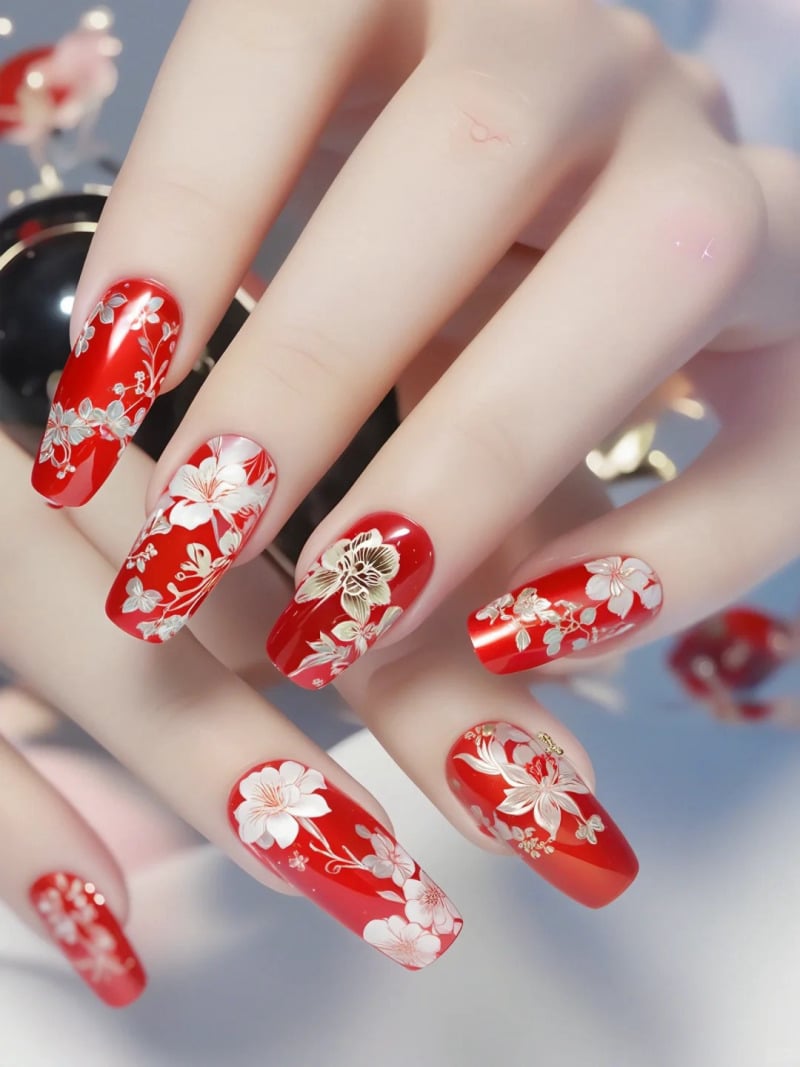 mẫu nail đỏ trắng