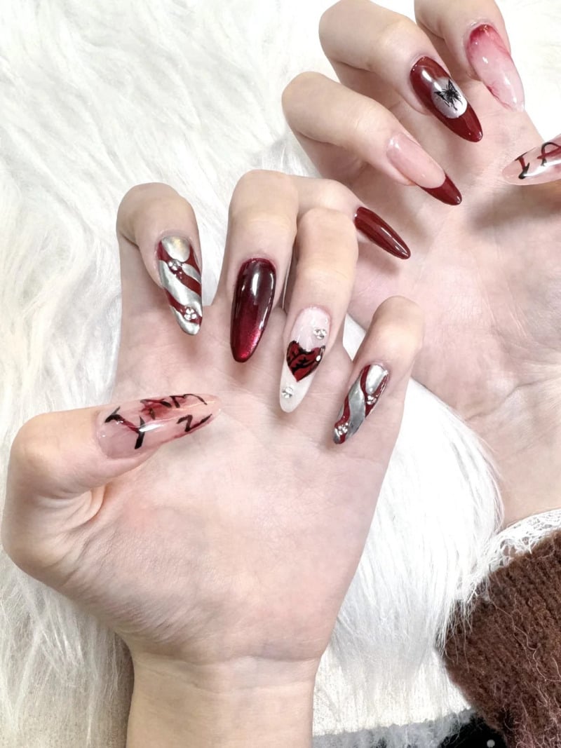 mẫu nail đỏ trắng