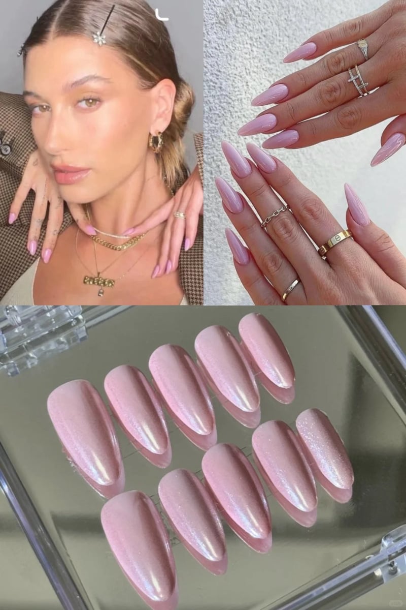 Mẫu móng tay tráng gương đẹp màu hồng nhạt, mang lại vẻ ngoài ngọt ngào nhưng không kém phần sang trọng