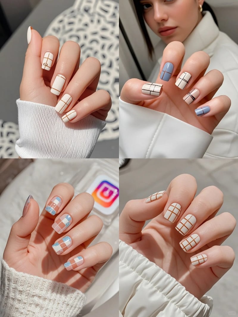 Thiết kế móng tay đẹp vẽ caro pastel nhẹ nhàng