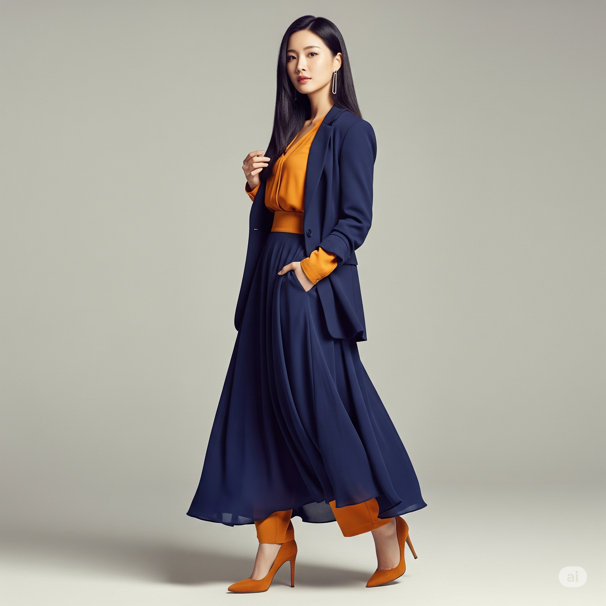 Xanh than và màu cam đất/vàng mù tạt