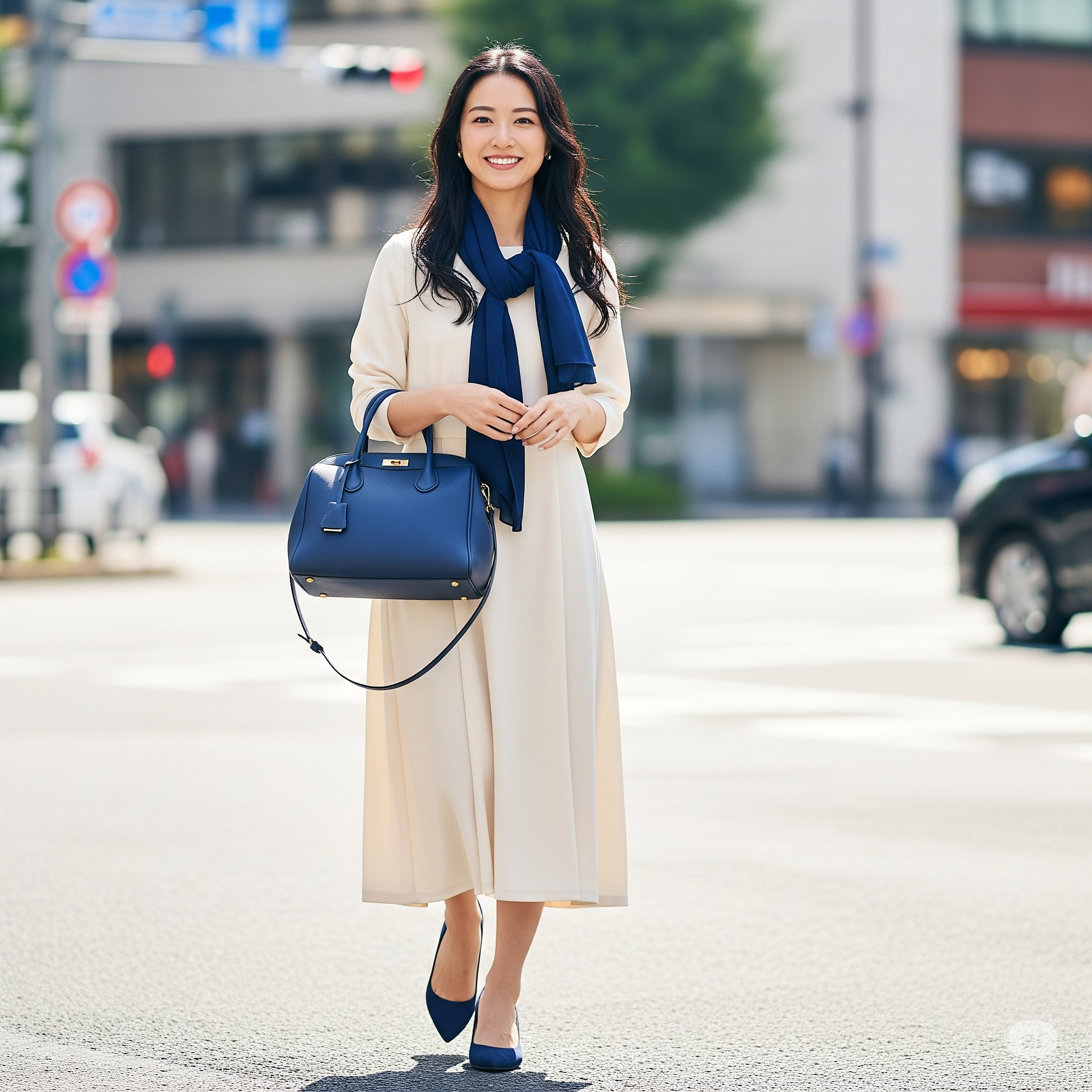 Điểm xuyết phụ kiện màu xanh than: Túi xách, giày dép, khăn choàng