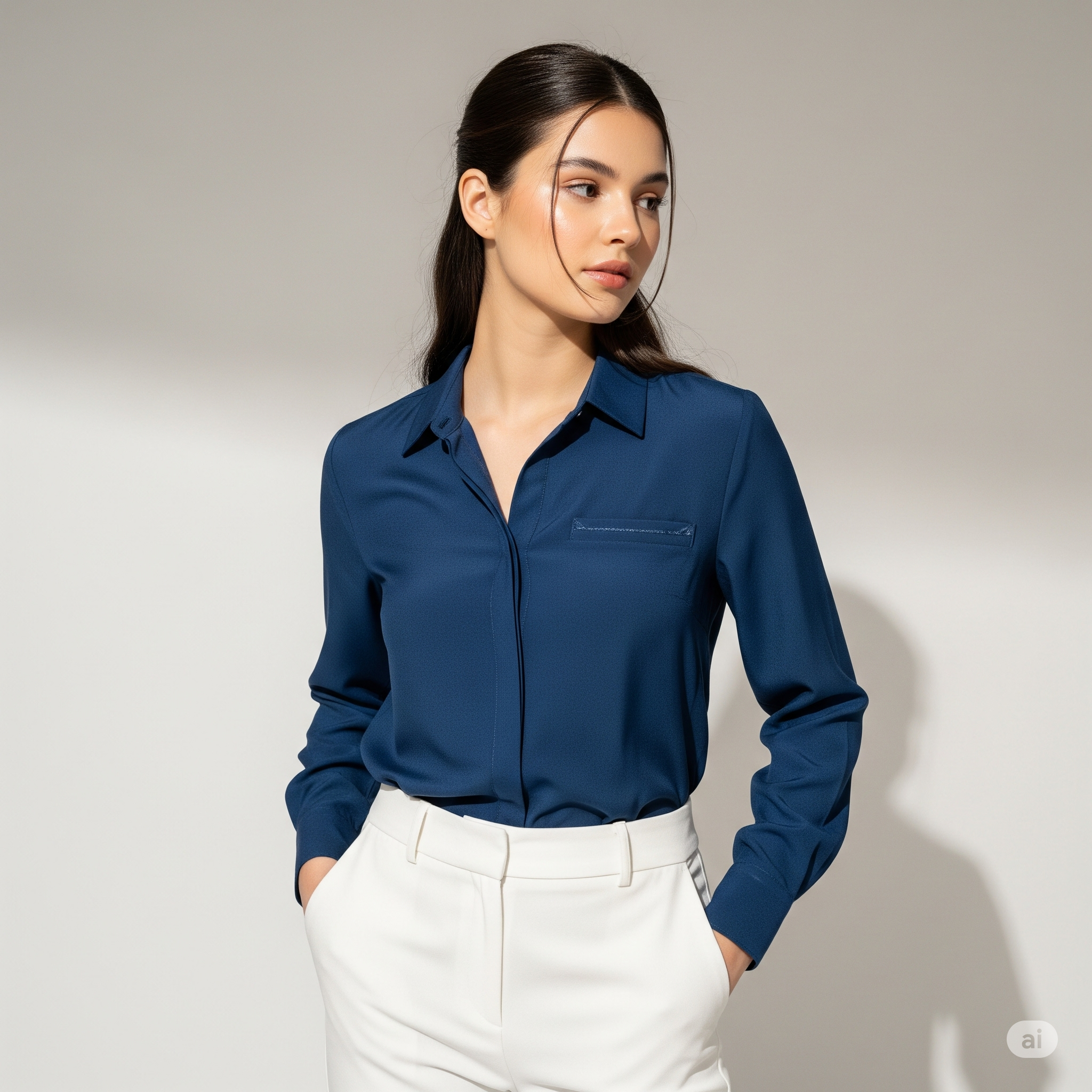 Áo sơ mi xanh than và quần âu trắng/kem