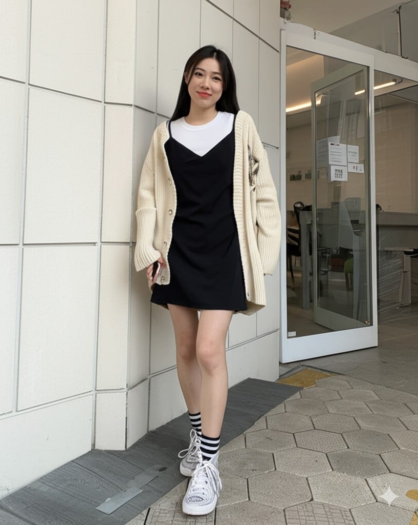 Váy slip dress + áo thun trắng bên trong + cardigan oversized + sneakers