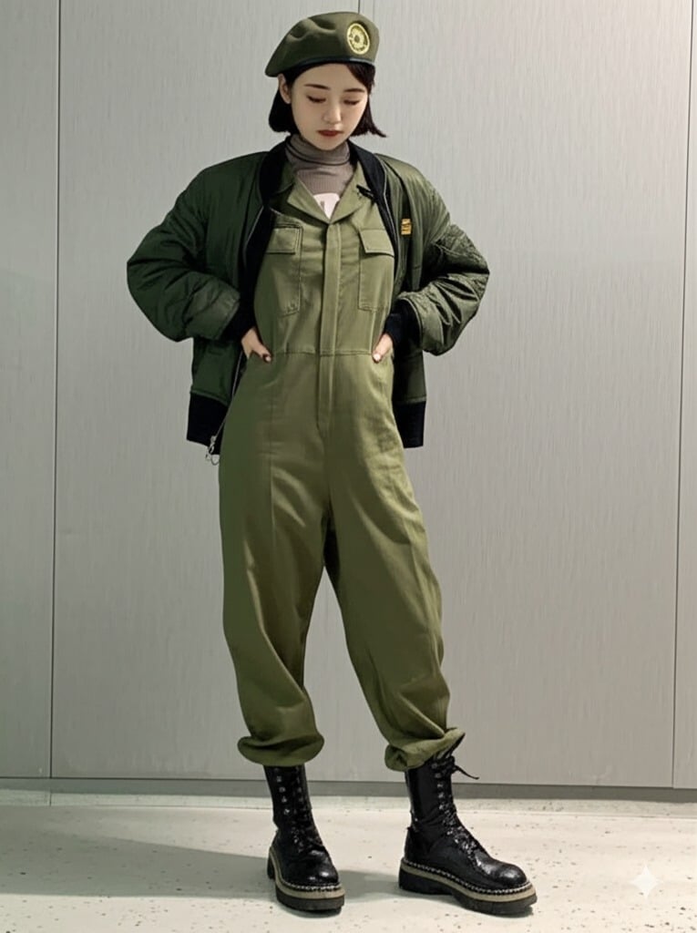 Jumpsuit dáng suông + áo khoác bomber + boots quân đội