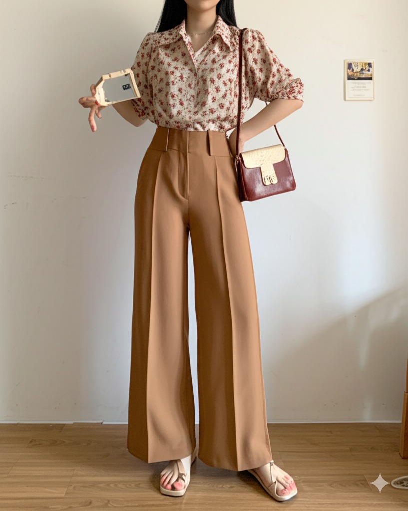 Áo sơ mi họa tiết vintage + quần ống loe cạp cao + giày sandals + túi xách vintage