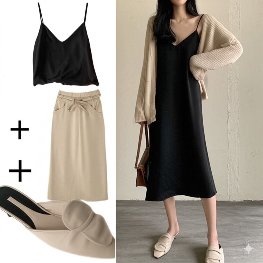 Áo hai dây lụa + chân váy midi xếp ly + áo cardigan mỏng khoác ngoài + giày mules