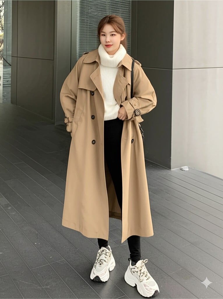 Áo len cổ lọ dáng rộng + quần legging + áo khoác trench coat + giày thể thao chunky