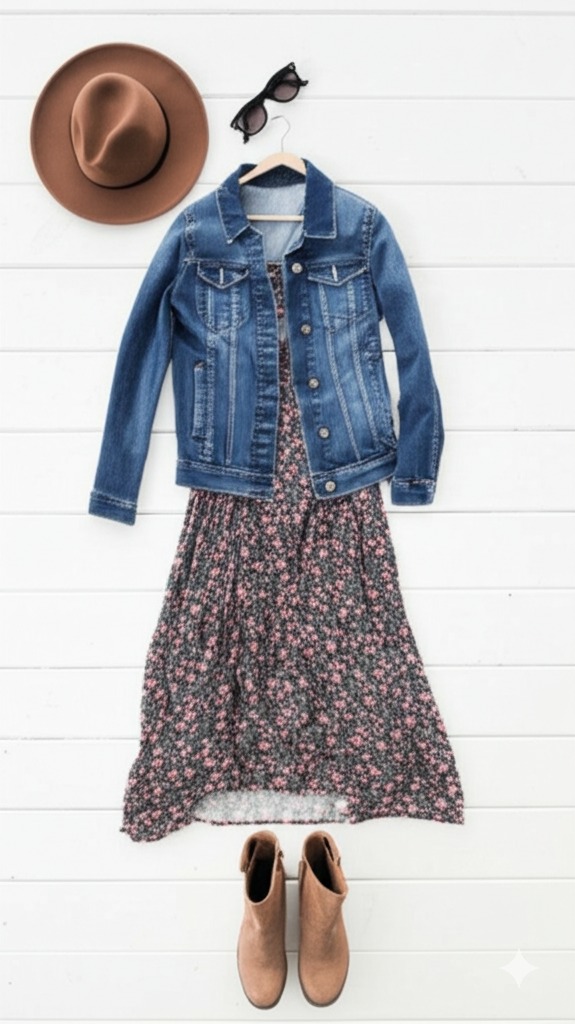 Váy maxi hoa nhí + áo khoác denim dáng rộng + boots da lộn + mũ fedora