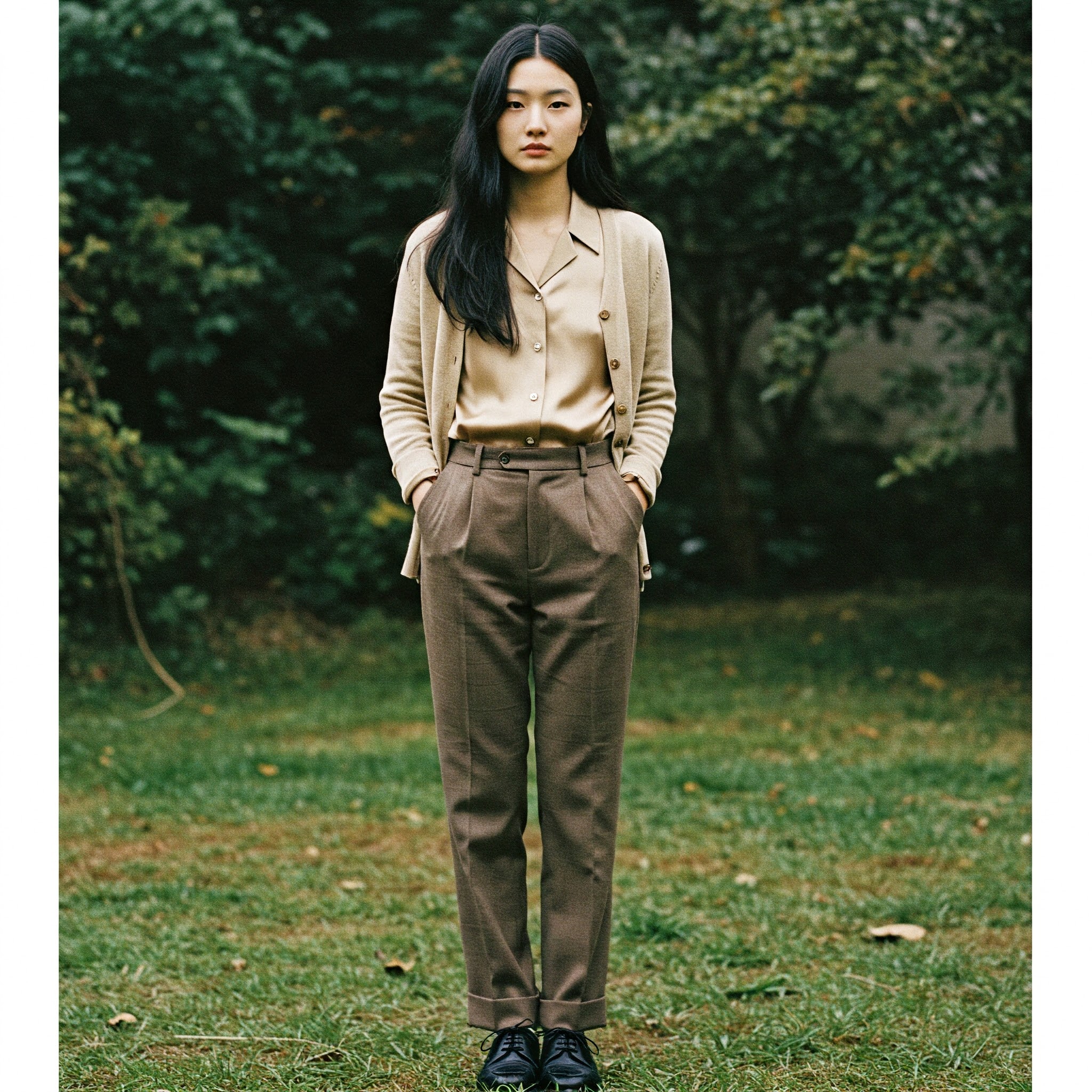 Quần tây ống đứng + áo sơ mi lụa + áo cardigan + giày oxford