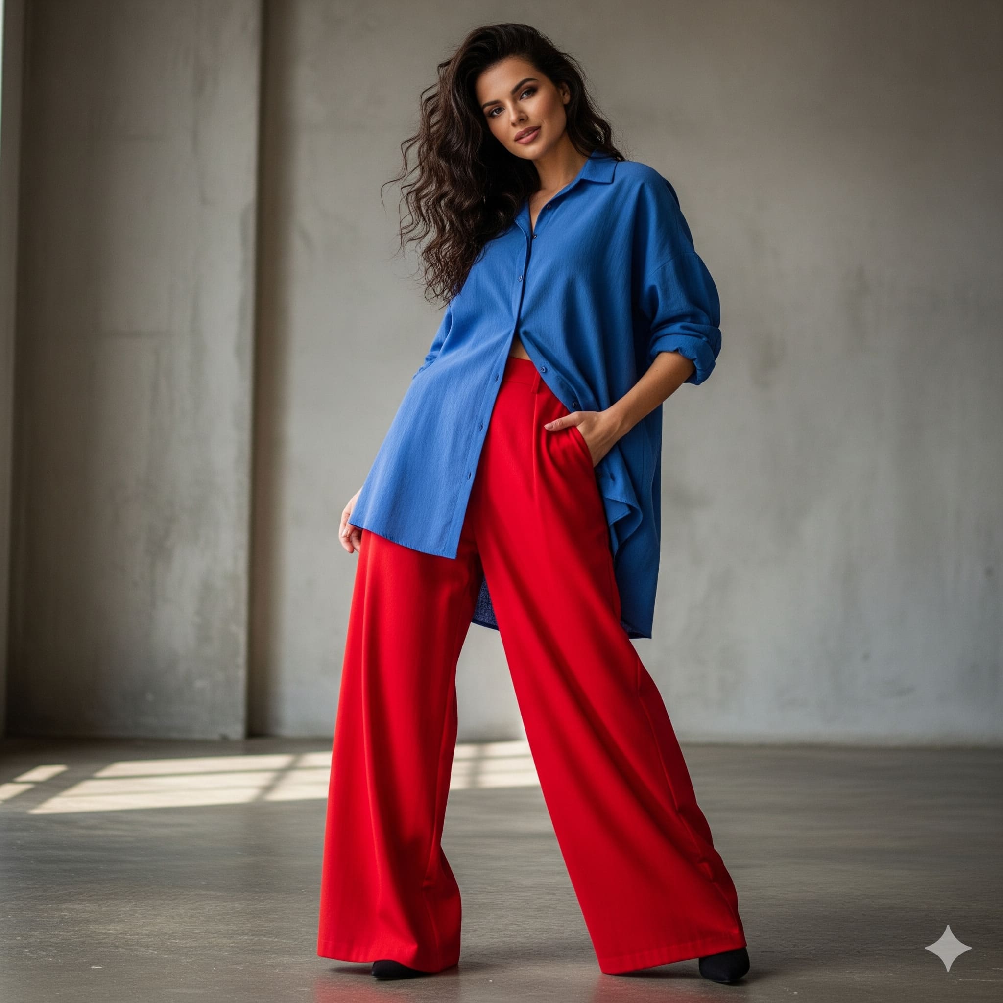 Áo màu xanh dương phối với quần màu đỏ