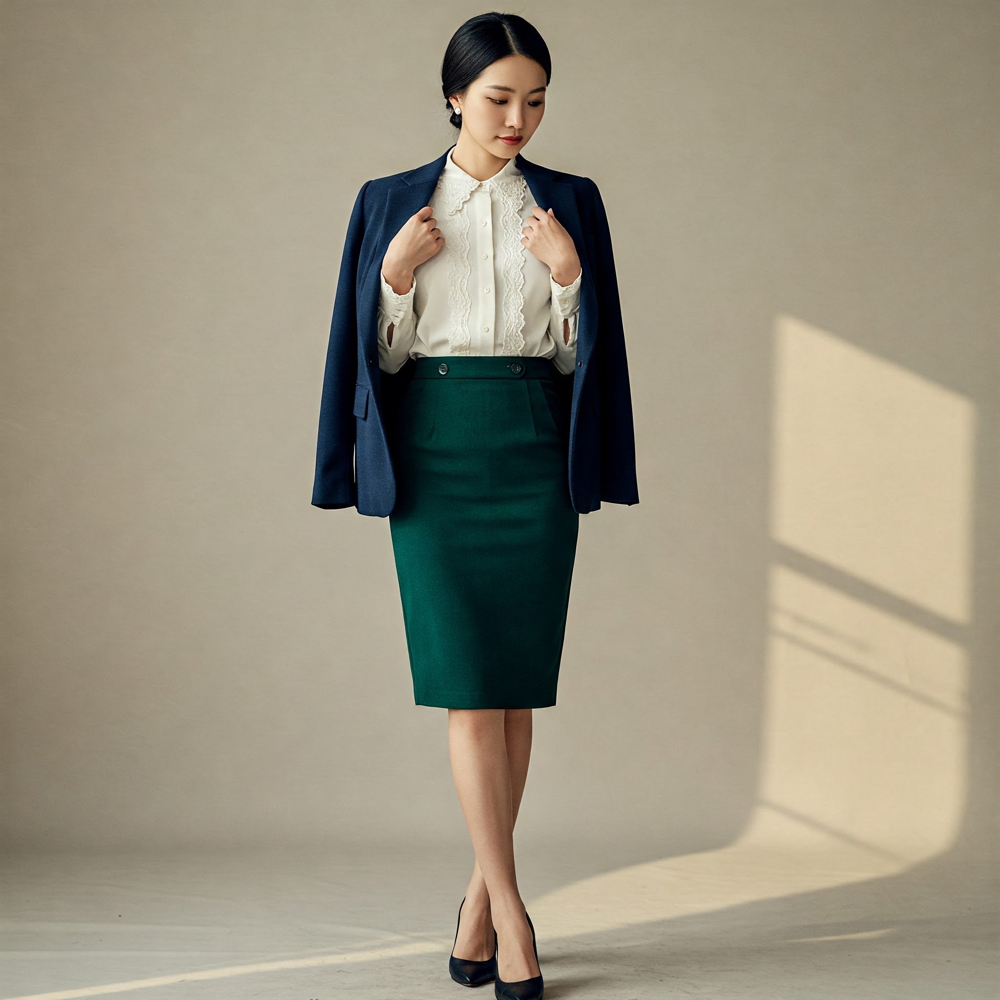 Chân váy bút chì + áo blouse cổ điển + áo blazer + giày cao gót