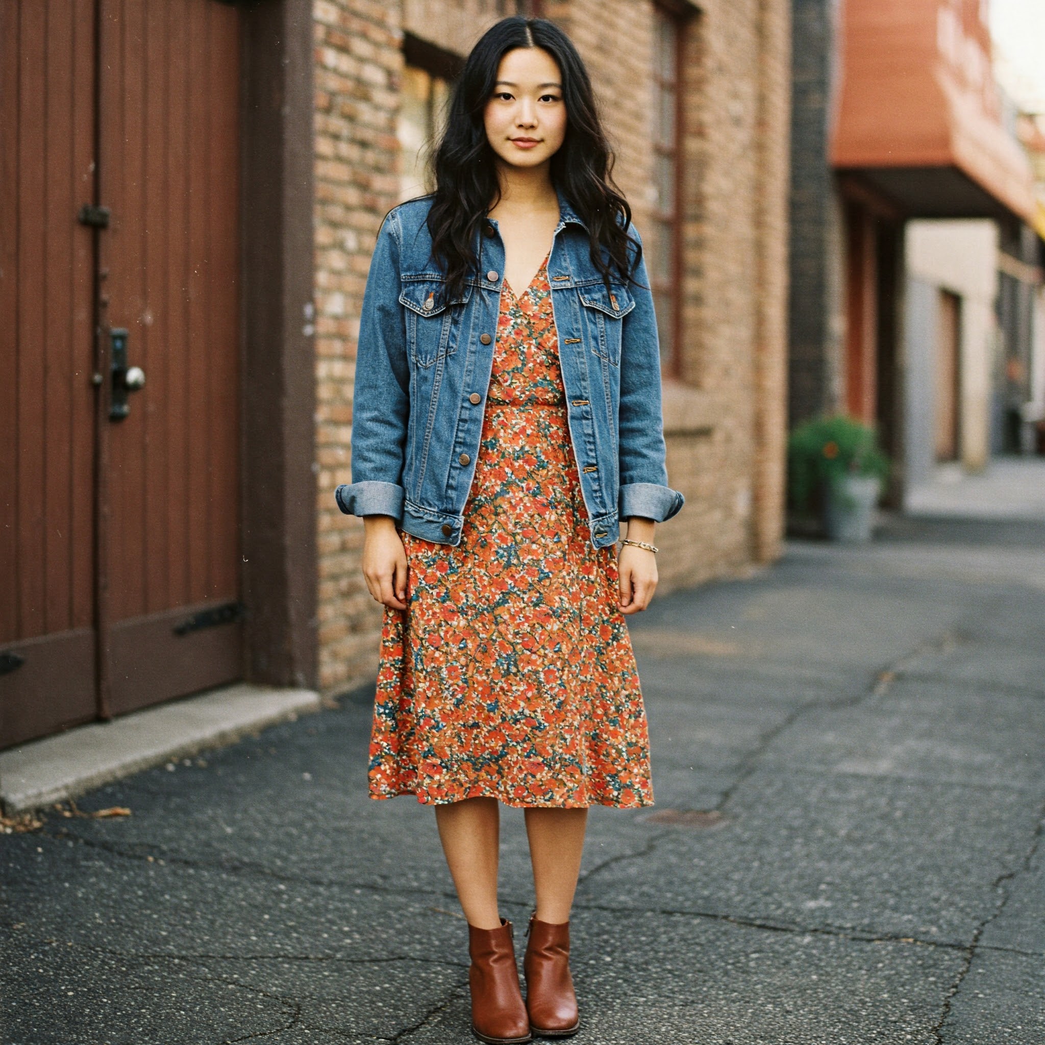 Váy hoa nhí + áo khoác denim + boots cổ ngắn