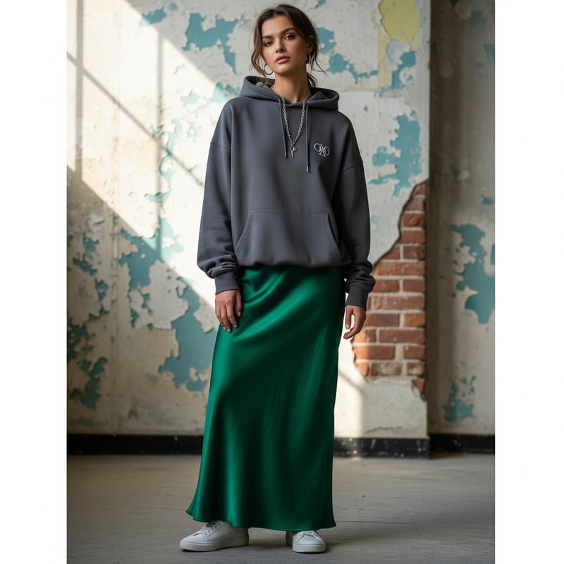 mix áo hoodie với chân váy dài