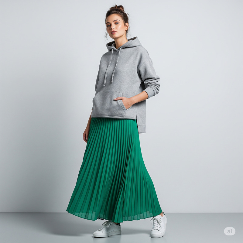 mix áo hoodie với chân váy dài