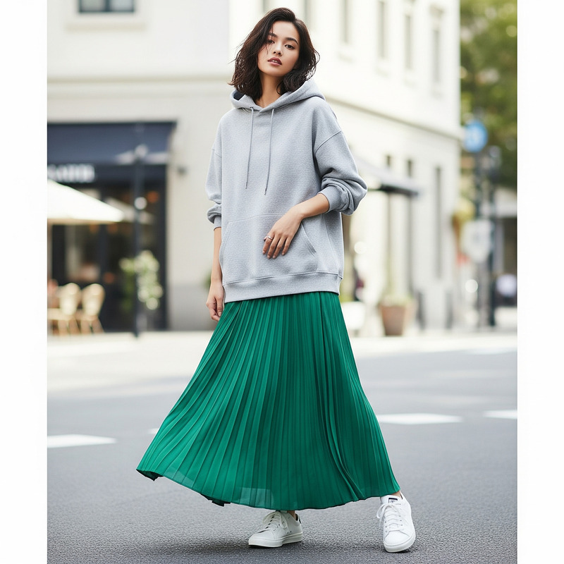 mix áo hoodie với chân váy dài