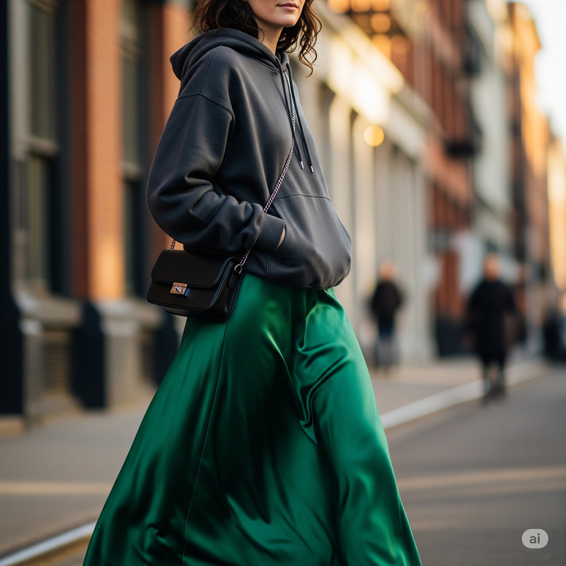 mix áo hoodie với chân váy dài