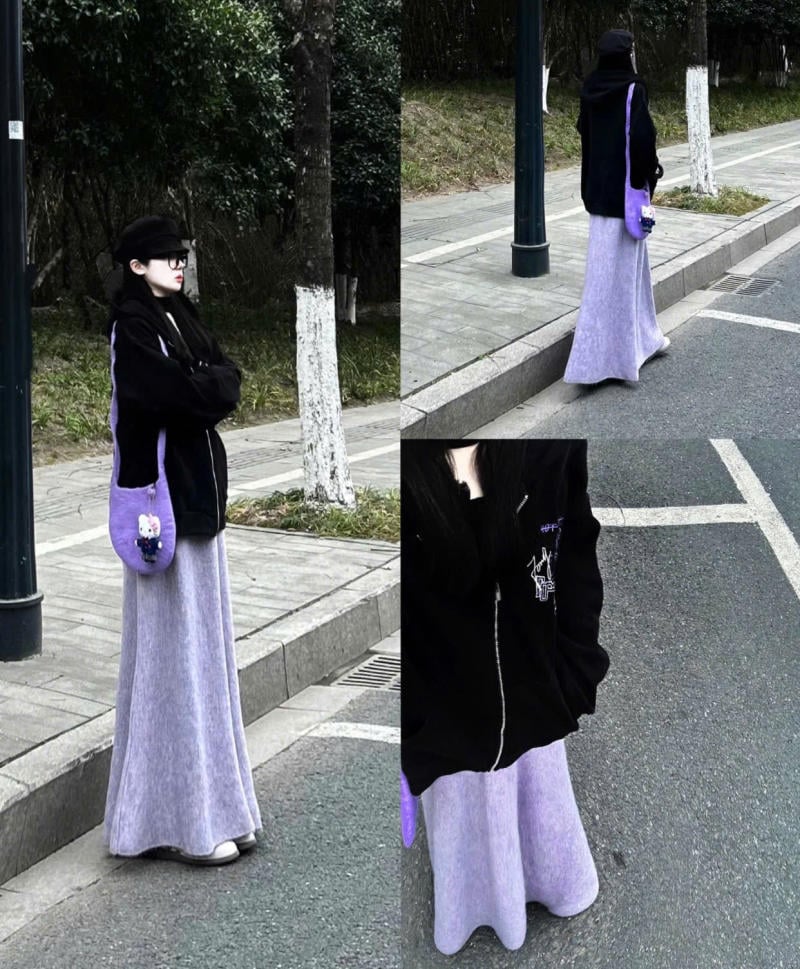 mix áo hoodie với chân váy dài