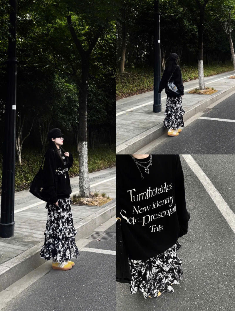 mix áo hoodie với chân váy dài