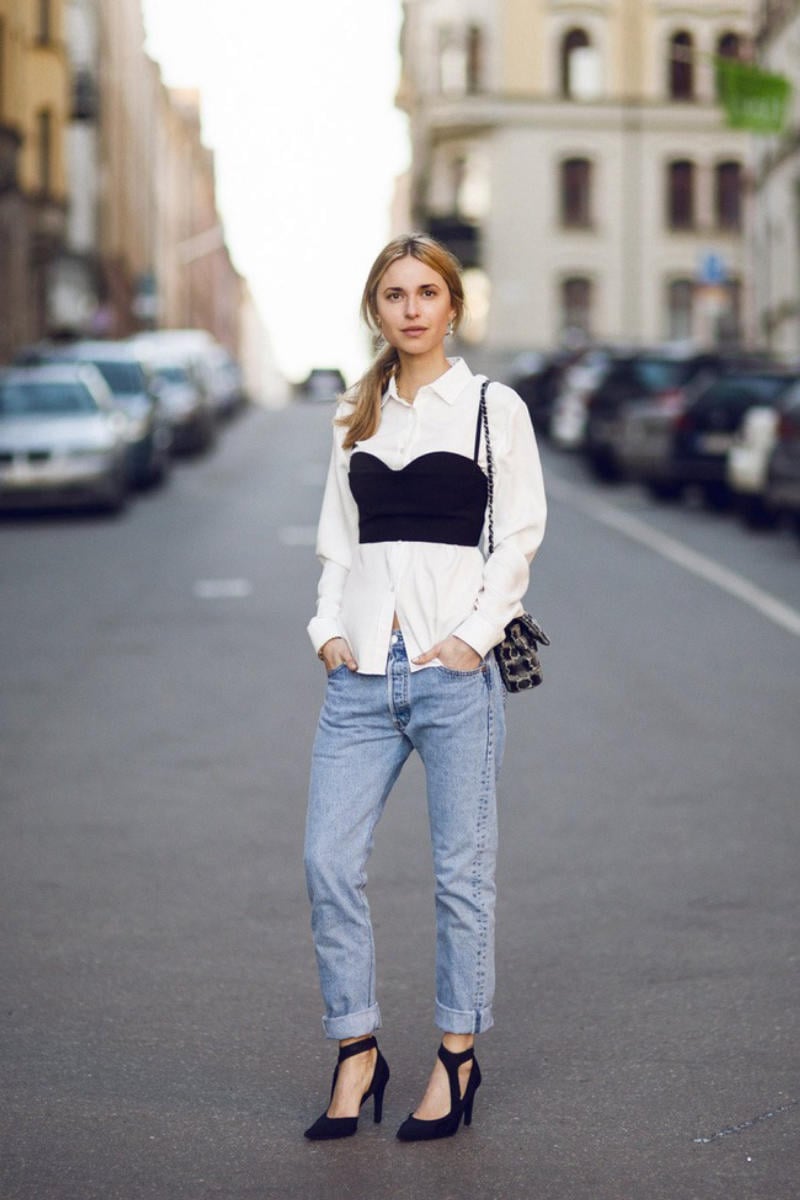 Áo 2 dây + Áo sơ mi oversized + Quần skinny