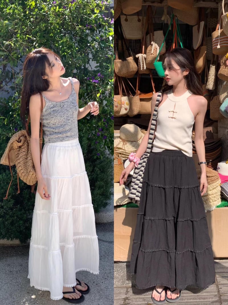 Áo 2 dây + Chân váy midi + Sandal cao gót