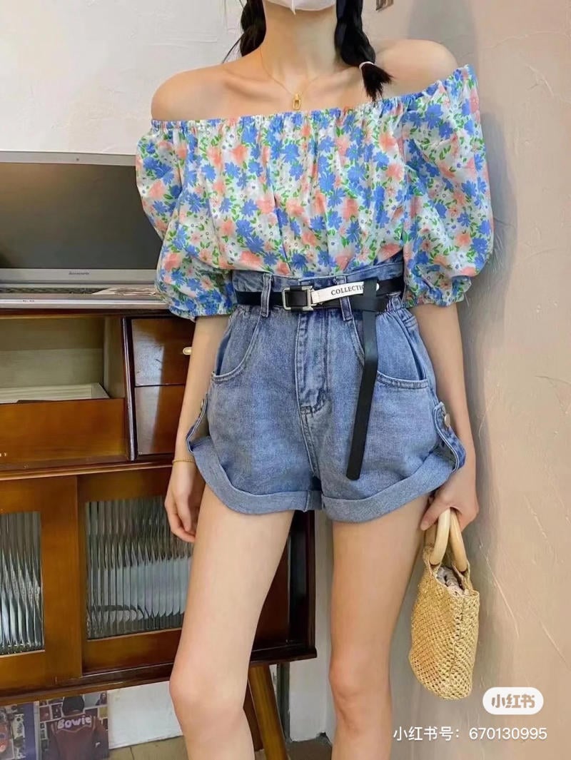 mix đồ với quần short cạp cao