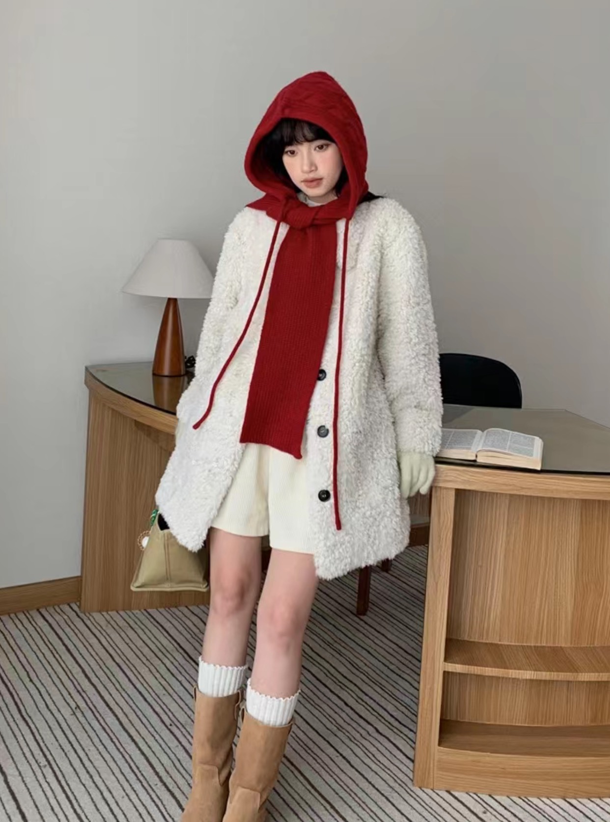 Balaclava + Áo Cardigan Len Dày + Quần Jeans Ống Rộng