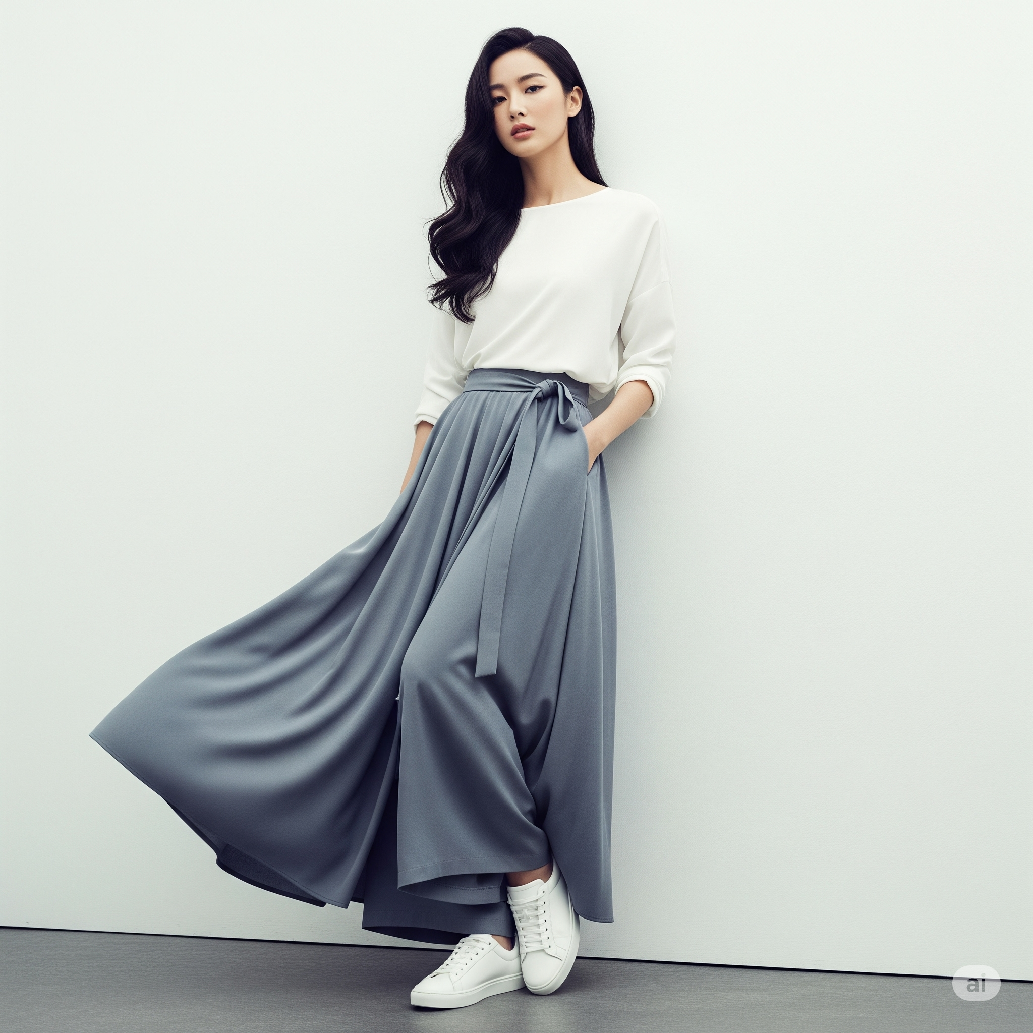 Phối quần giả váy ống rộng với áo thun basic