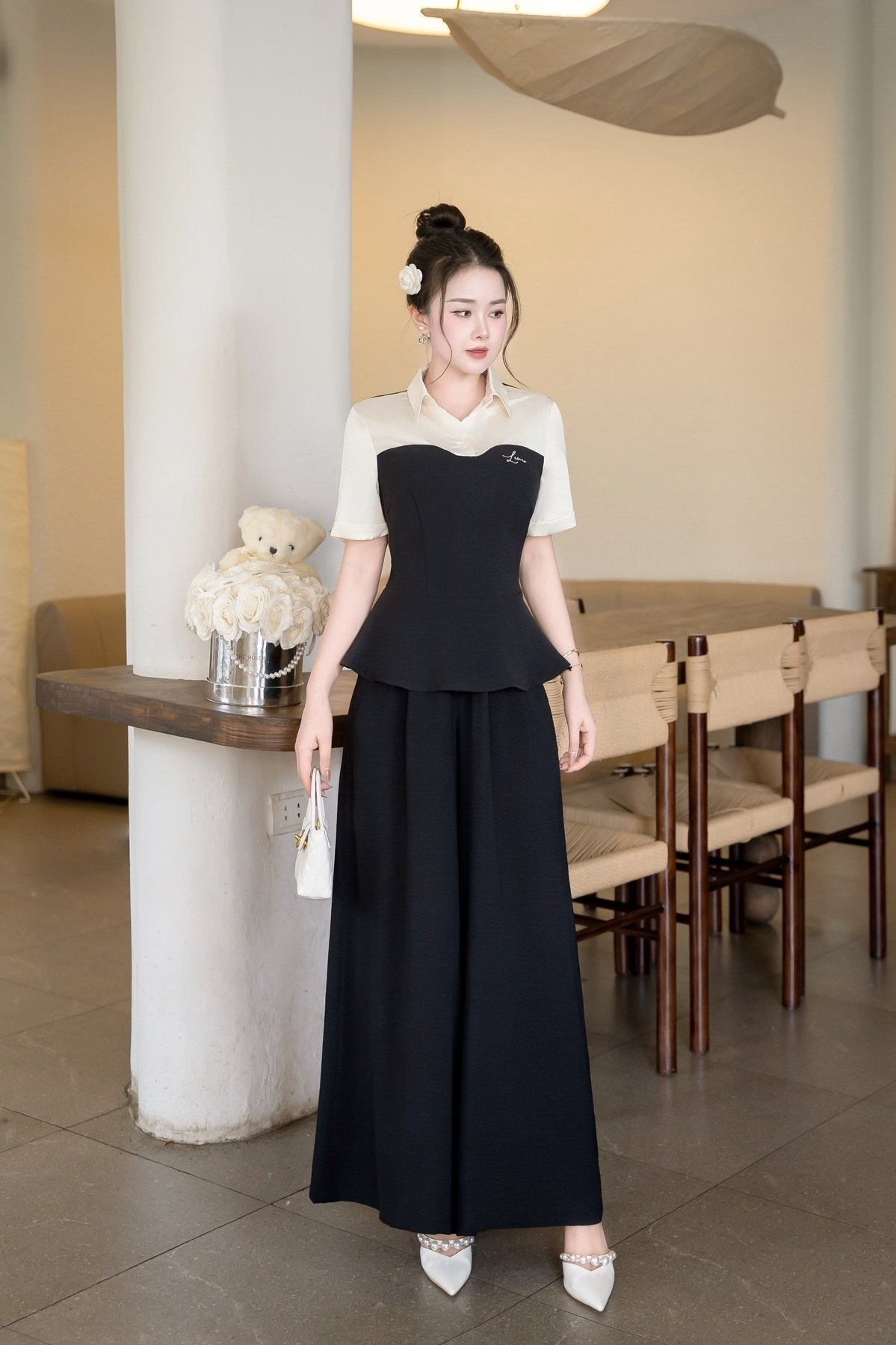 Phối quần giả váy ống rộng với áo blouse/áo kiểu