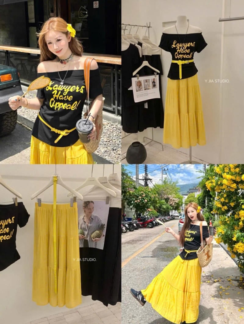Chân váy màu vàng kết hợp với áo màu đen