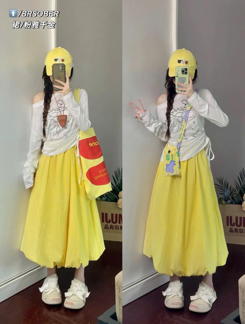 Chân váy màu vàng kết hợp với áo màu xám