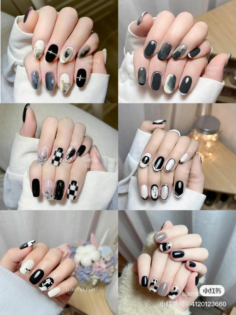 mẫu nail màu đen trắng