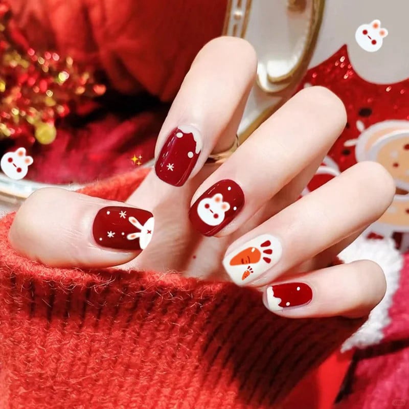 mẫu nail màu đỏ đô họa tiết con vật