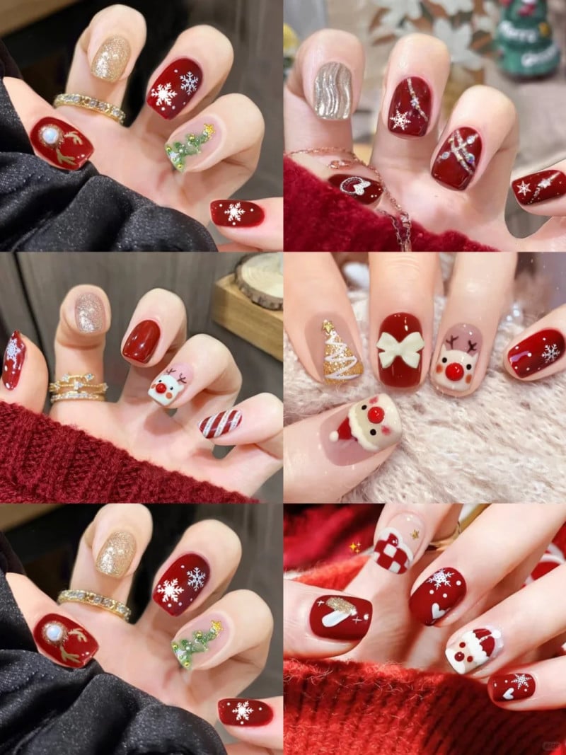mẫu nail đỏ đô phong cách Giáng Sinh