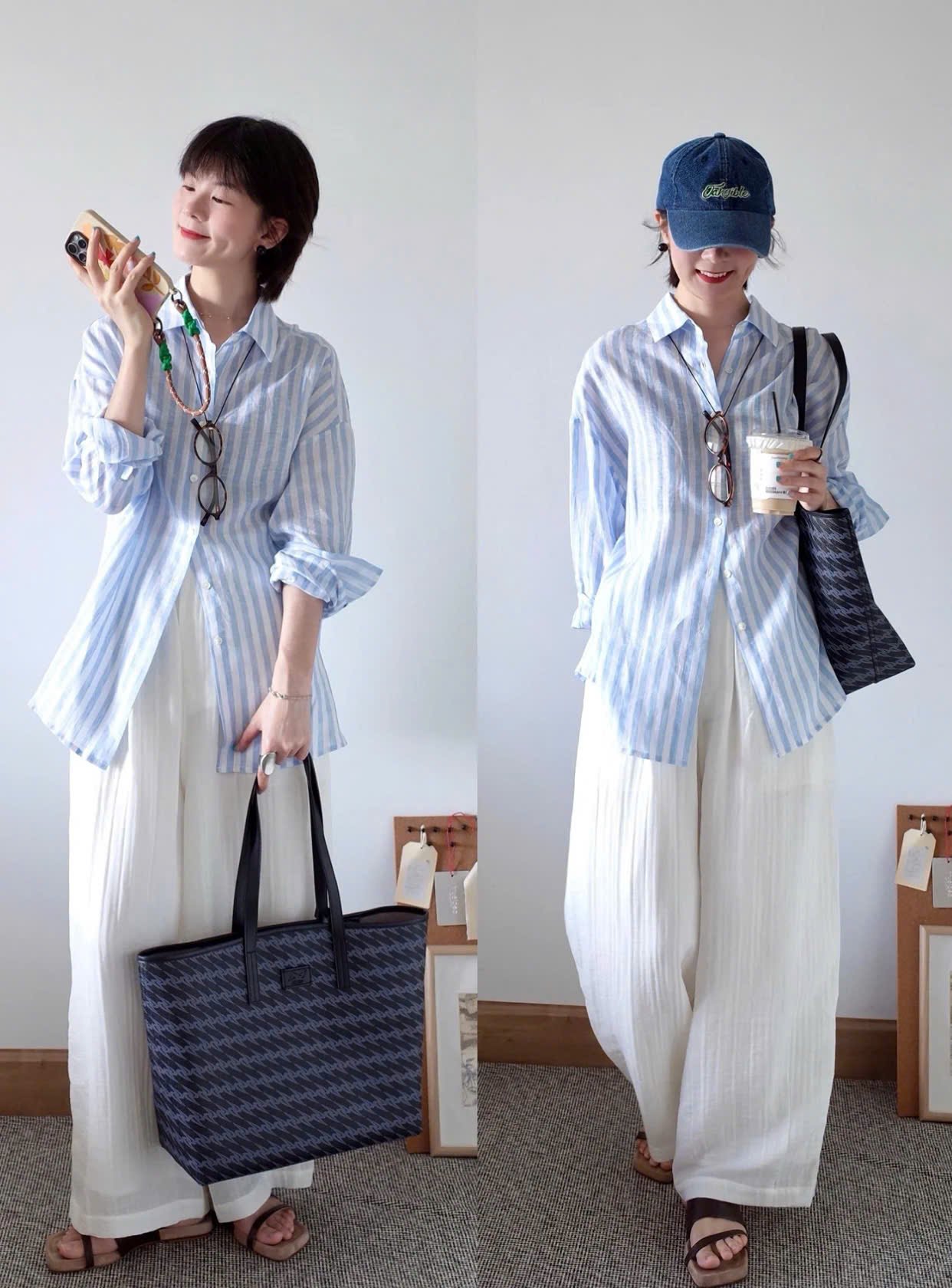 Áo sơ mi kẻ sọc xanh trắng dáng oversized + quần ống rộng trắng