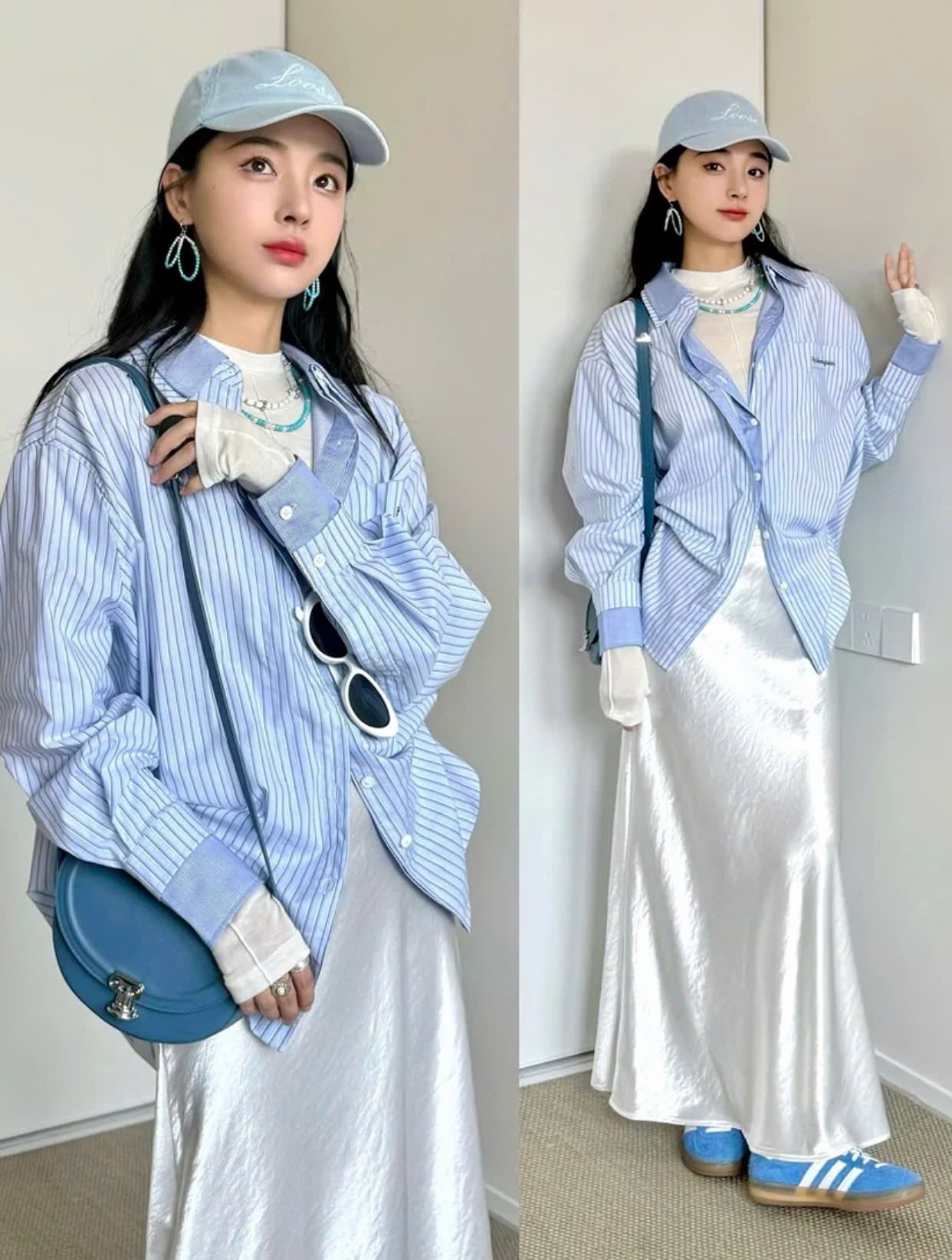 Áo sơ mi kẻ sọc xanh trắng dáng oversized + chân váy lụa trắng