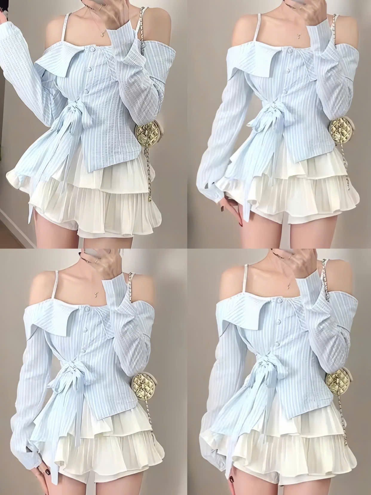 Áo sơ mi kẻ sọc xanh trắng trễ vai kết hợp tay bồng + quần shorts bèo nhún