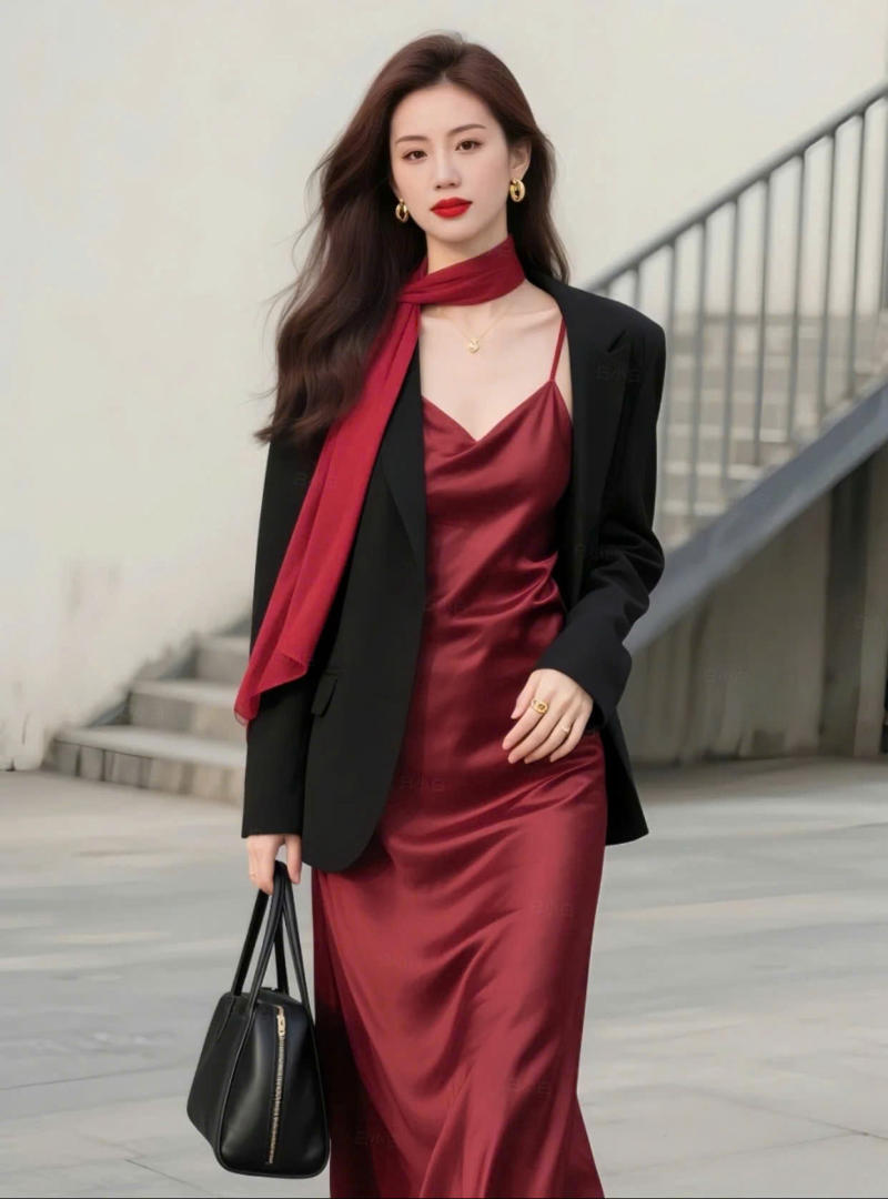 Blazer + Đầm lụa hai dây (Slip dress)