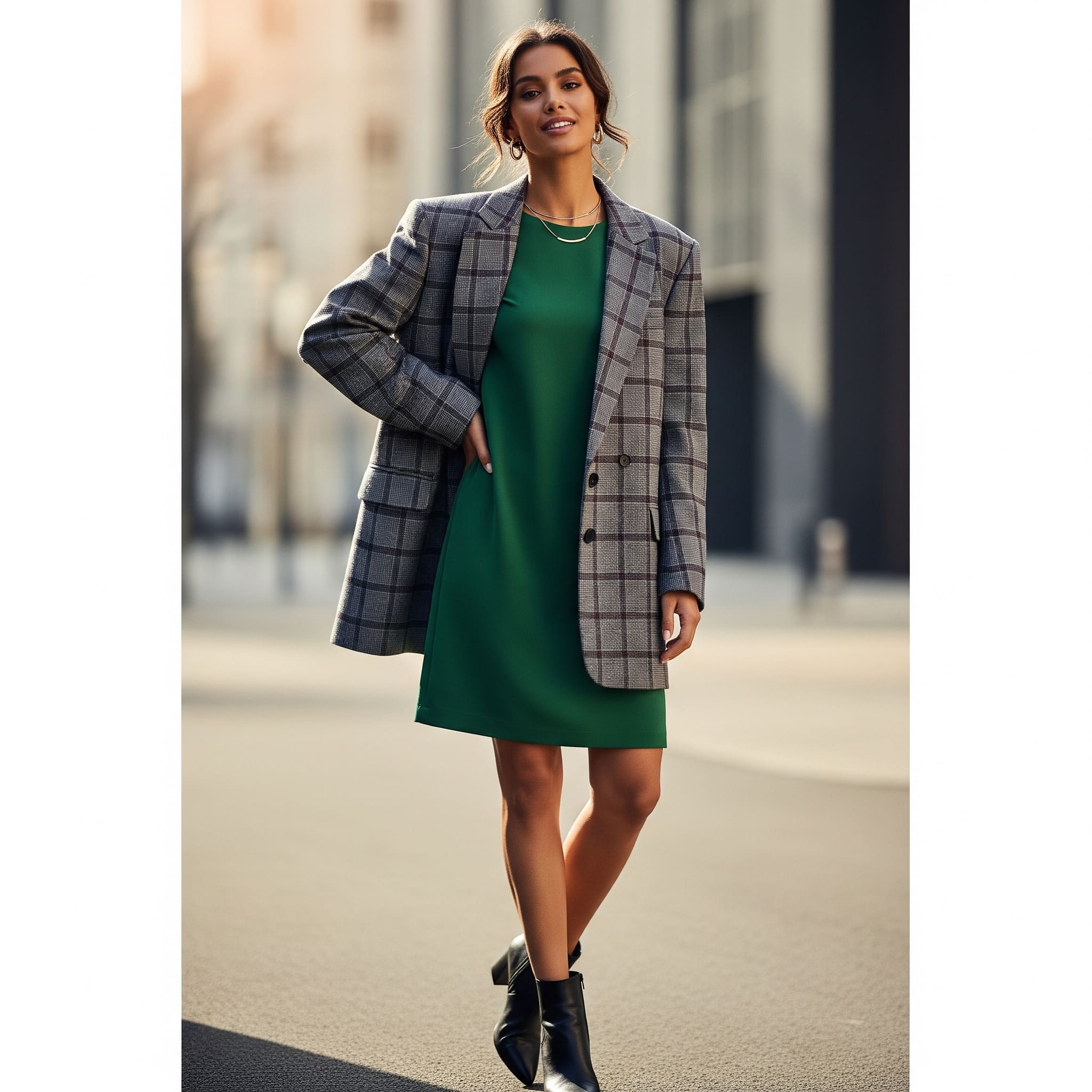 Blazer kẻ caro + Đầm trơn màu